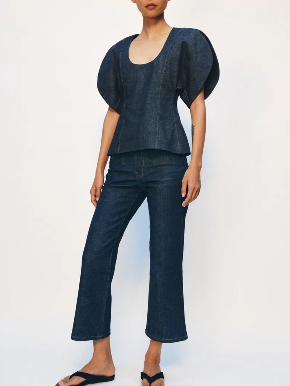 Zara NWT 2 piece matching SET dark denim Navy blue Denim Puff-Sleeve Top & jeans